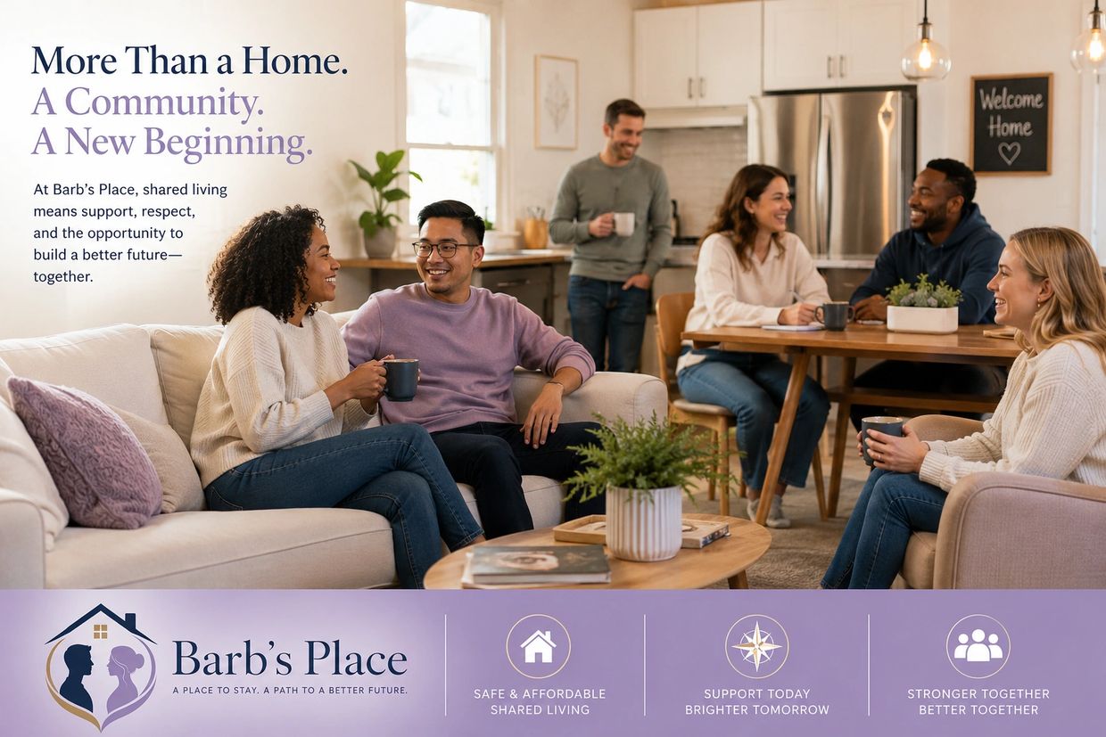Diverse group enjoying shared living at Barb's Place, fostering community and support.