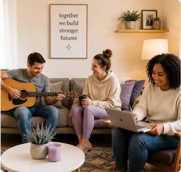Friends enjoying music and work in a cozy living room.
