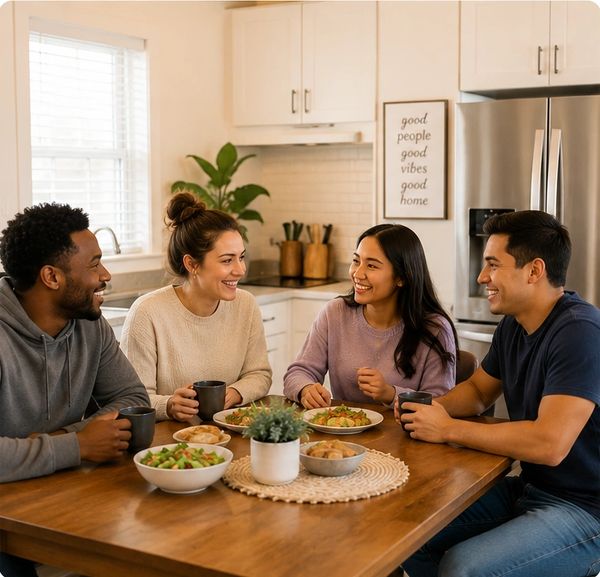 Four friends enjoying a meal and conversation at a kitchen table.