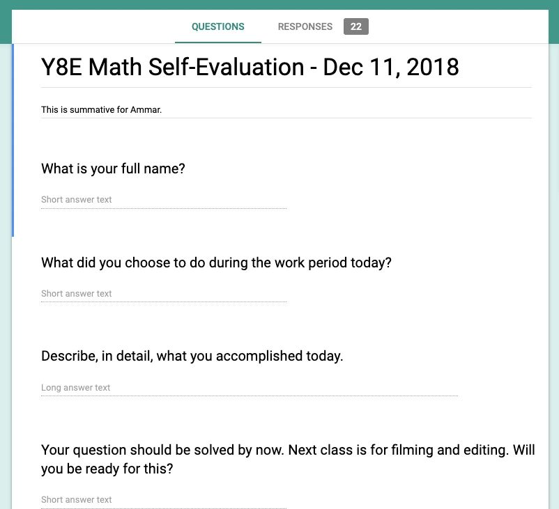 Example of accountability form students had to complete at the end of a project work period.