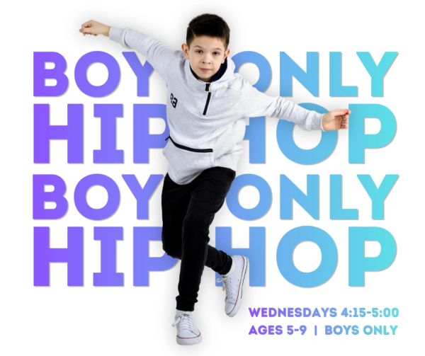 Boy dancing with text promoting boys-only hip-hop class.