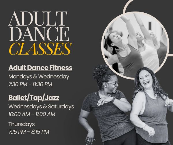 Adult dance classes schedule with fitness and ballet/tap/jazz sessions.