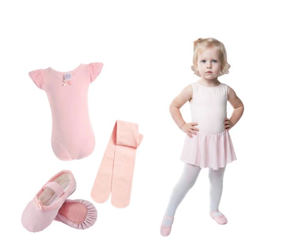 Pink ballet outfit and a toddler girl in ballet attire.