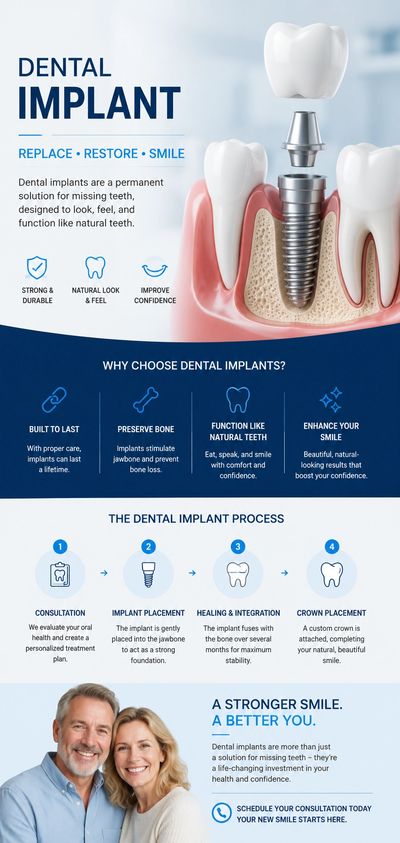 Dental implant infographic explaining benefits, process, and confidence boost.
