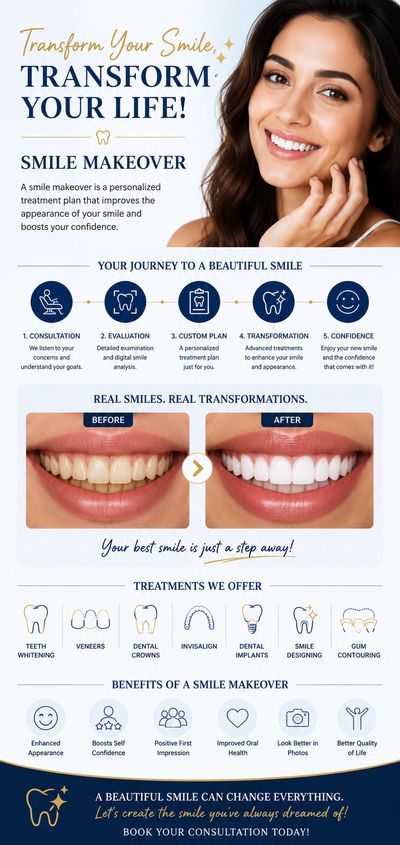 Informative smile makeover guide showing steps, benefits, and treatments with before and after images.