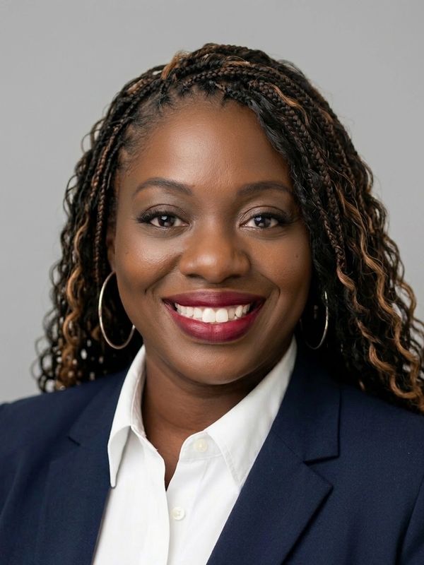 Confident woman with braided hair, hoop earrings, and a navy blazer smiles warmly.