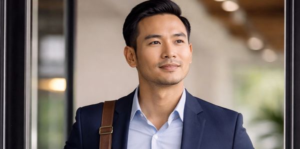 Confident businessman in a navy suit with a leather shoulder bag.