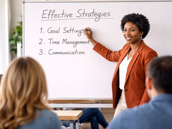 A woman presents effective strategies on a whiteboard in a classroom.