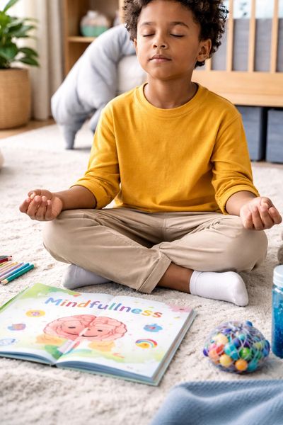 A young child meditates cross-legged with a mindfulness book open nearby.