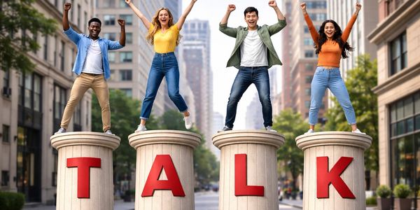 Four diverse people joyfully stand on pillars spelling TALK in a city street.