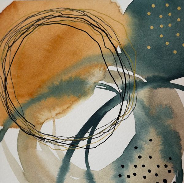 Abstract watercolor with orange and blue tones and circular lines.