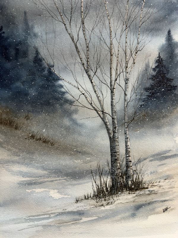 Winter scene with bare trees and snowfall.
