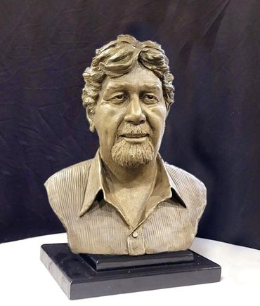 Life-size Bronze Portrait bust sculpture of a man with detailed facial features and shirt collar.