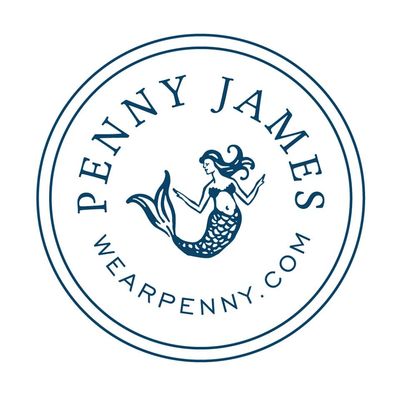 Logo featuring a mermaid and the text Penny James with website wearpenny.com.
