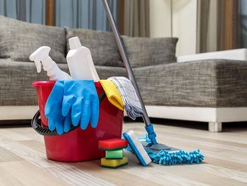 Amenities Page. Mop, bucker, and cleaning supplies, on floor in a living room, in front of a couch.