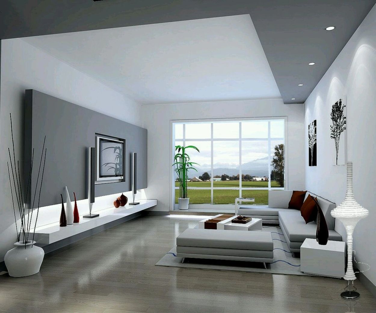 Home page. Contemporary living room, basic white with dark gray & light gray accents and amenities.