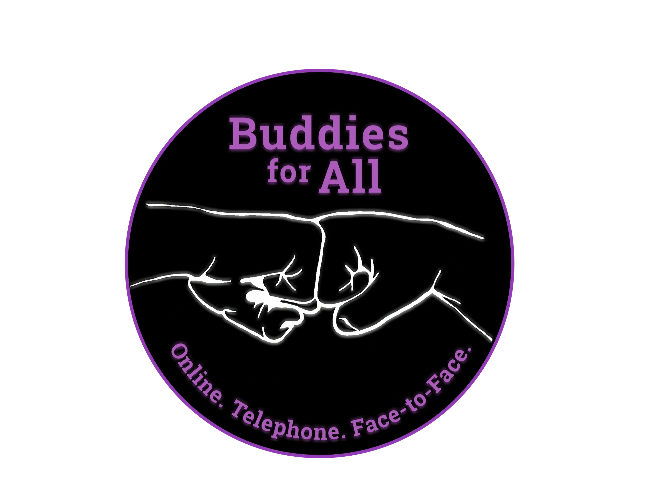 The Buddies for All logo. A round black circle with purple text. Two white fists bumps.
