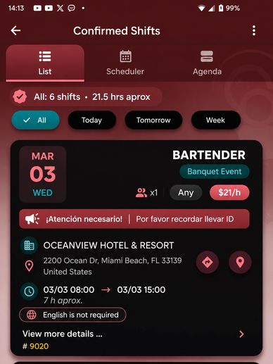 Confirmación de turno como bartender en hotel en Miami.