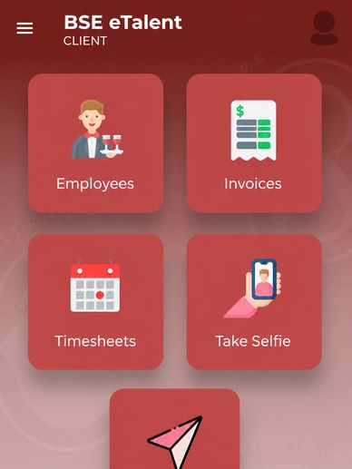 Interfaz de app con opciones de empleados, facturas, hojas de tiempo y selfie.