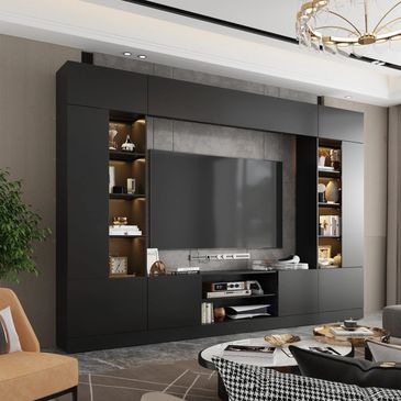 A modern custom living room millwork installation with a dark finish, upscale look.