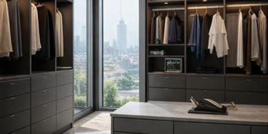 Modern custom closet system manufactured factory-direct and supplied to residential builders through