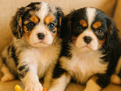 Two adorable tricolor puppies sitting side by side.