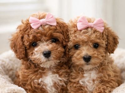 Two adorable curly-haired puppies with pink bows on their heads.