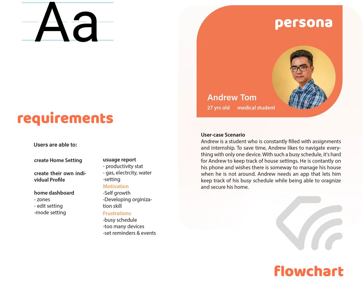 persona, flow chart, user case scenario