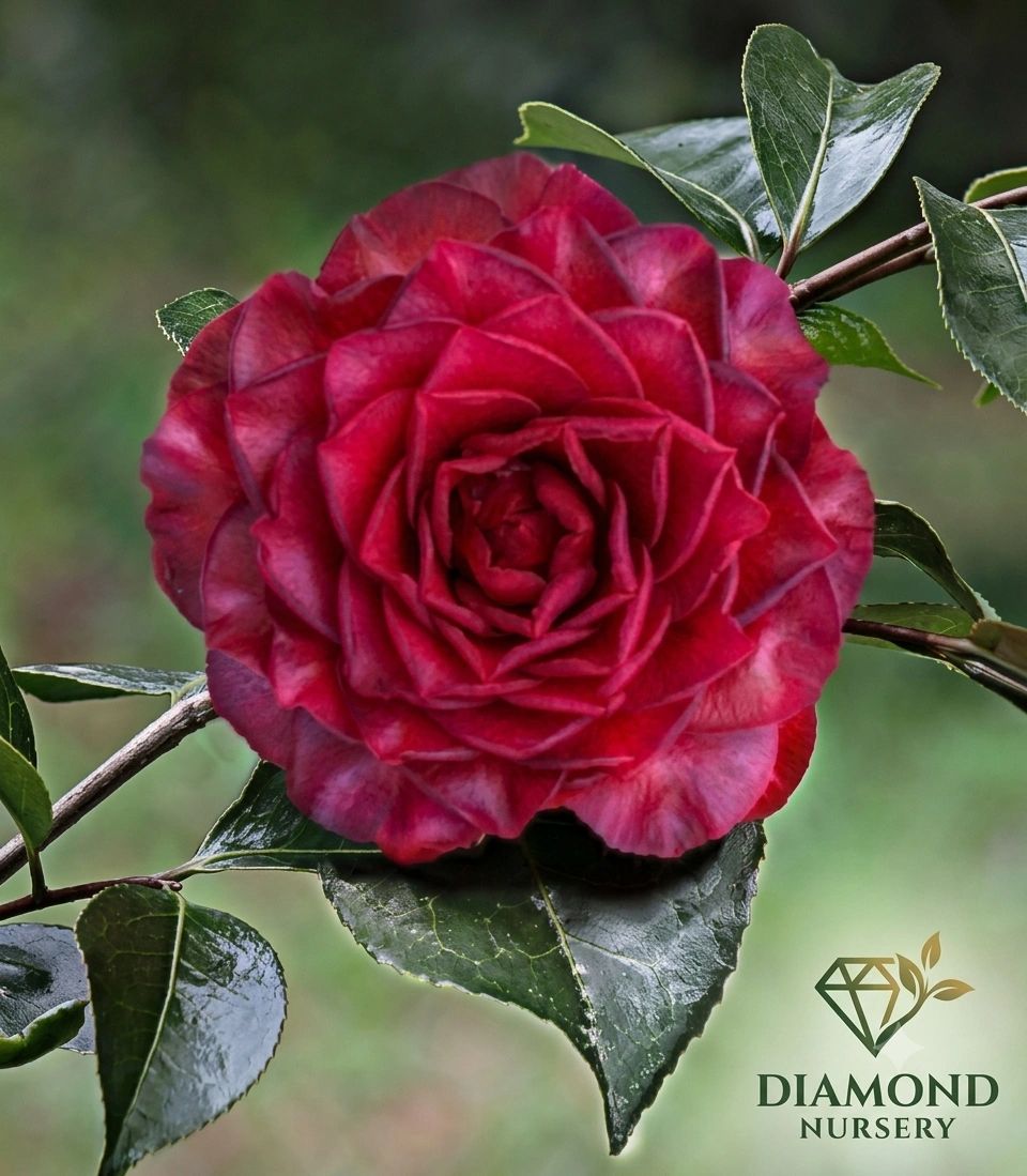 Close-up of a vibrant red camellia flower.