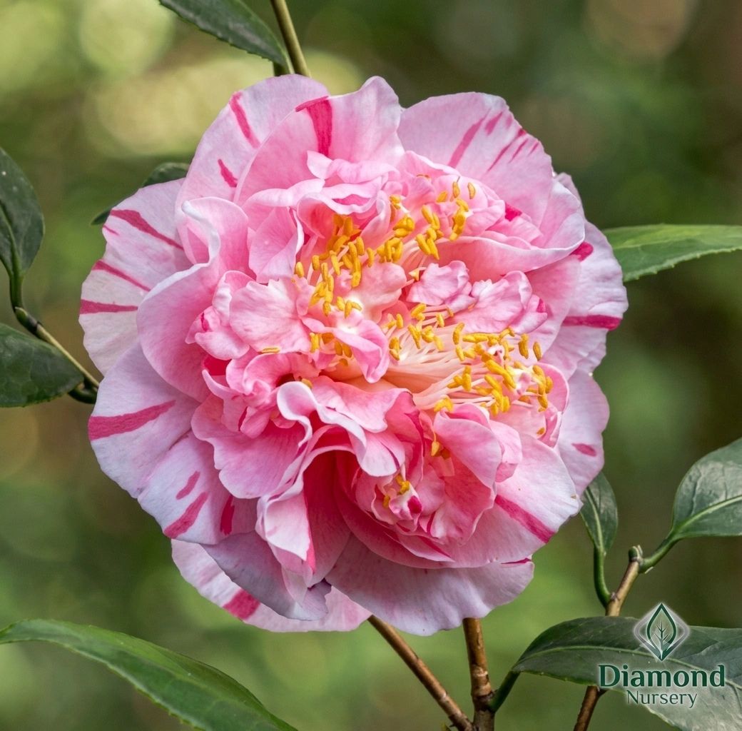Pink camellia flower with yellow stamens.