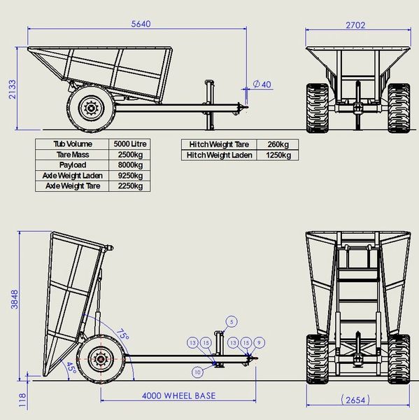 Technical drawing of a heavy-duty trailer with detailed dimensions and specifications.