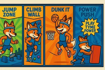 Cartoon fox doing athletic activities in a fun zone.