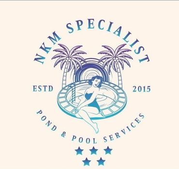 Logo for NKM Specialist Pond &amp; Pool Services featuring a woman by a pool and palm trees.