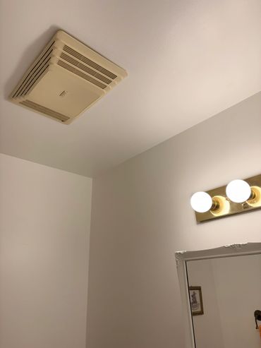 Bathroom ceiling with vent and illuminated vanity lights.