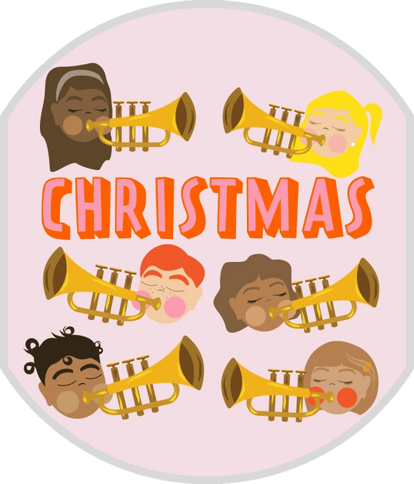 Diverse kids playing trumpets with Christmas text in the center.