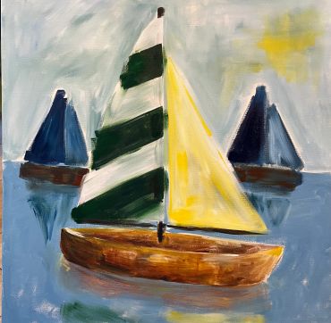 Abstract painting of a sailboat with colorful sails on calm water.