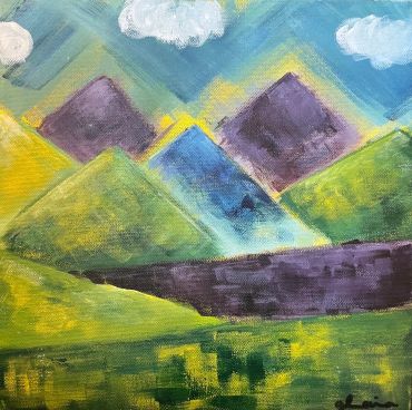 Abstract landscape with colorful mountains and clouds in a vibrant sky.