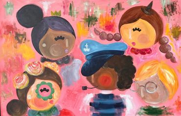 Colorful painting of six diverse cartoon-style faces on a pink background.