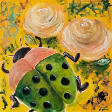 Abstract painting of a ladybug near two cream-colored flowers on a yellow background.