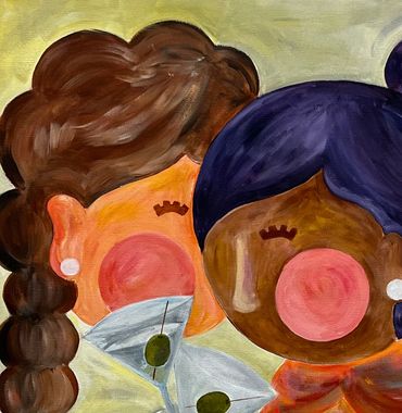 Abstract painting of two women with rosy cheeks and elegant hairstyles.