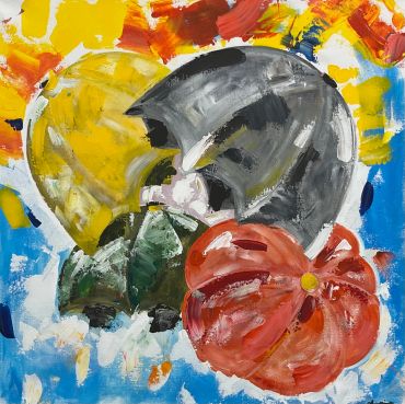 Abstract painting of colorful flowers with bold brushstrokes.