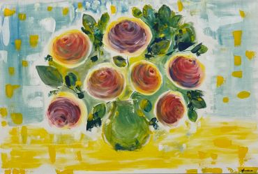 Abstract painting of a bouquet of flowers in a green vase with vibrant colors.