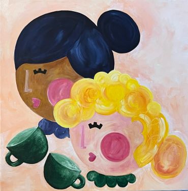 Colorful abstract painting of two faces with teacups.