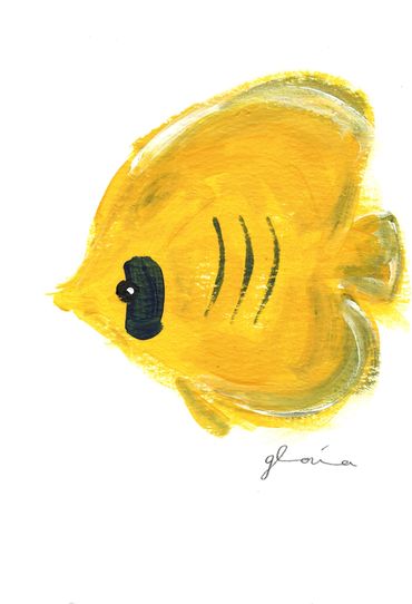 Bright yellow fish painting with simple brush strokes on white background.