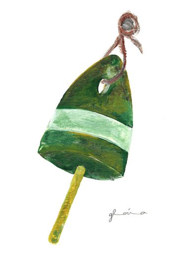 Watercolor painting of a green buoy with a white stripe and attached rope.
