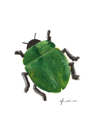 A green beetle illustration with black legs on a white background.