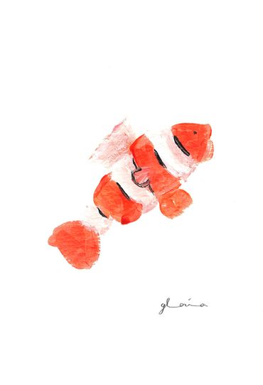 Watercolor painting of a clownfish with orange, white, and black colors.