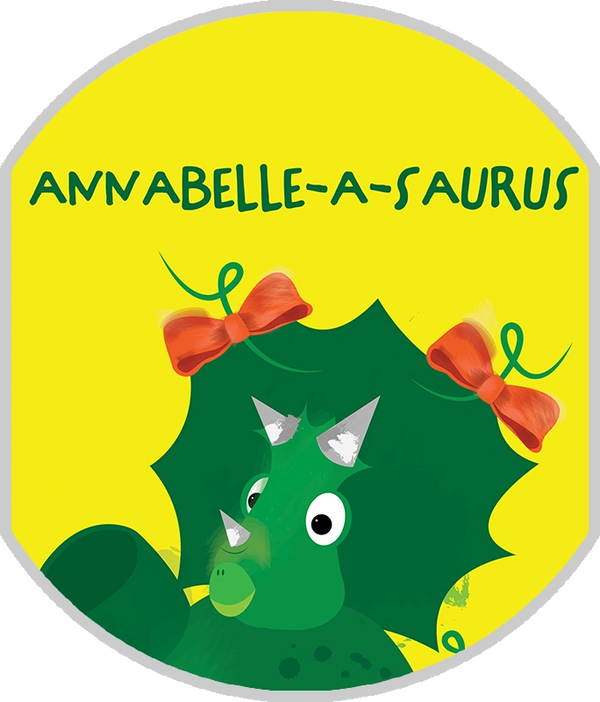 Cartoon green dinosaur named Annabelle-a-saurus with red bows on yellow background.