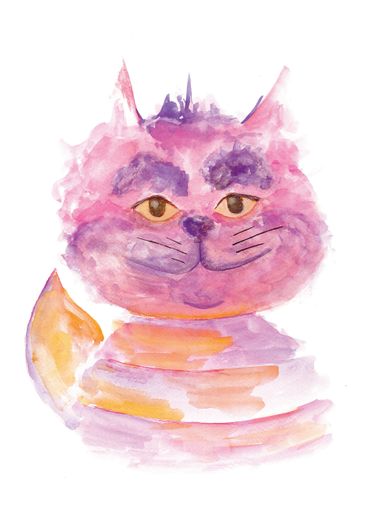 Watercolor painting of a whimsical purple and orange cat with a content expression.