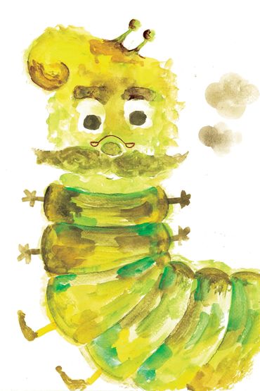 Whimsical watercolor caterpillar with a mustache and expressive eyes.